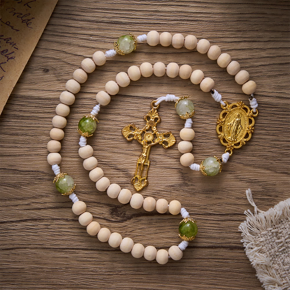 SolaceBeads Natural Wood &amp; Green Glass Miraculous Medal Wood Rosary: Serene Peace &amp; Faith - image 4