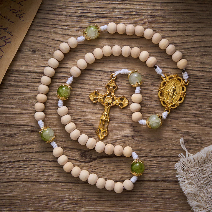 SolaceBeads Natural Wood &amp; Green Glass Miraculous Medal Wood Rosary: Serene Peace &amp; Faith - image 4
