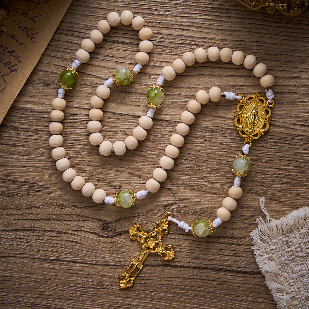 SolaceBeads Natural Wood &amp; Green Glass Miraculous Medal Wood Rosary: Serene Peace &amp; Faith - image 2