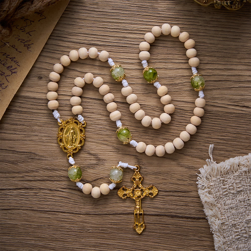 SolaceBeads Natural Wood &amp; Green Glass Miraculous Medal Wood Rosary: Serene Peace &amp; Faith - image 3