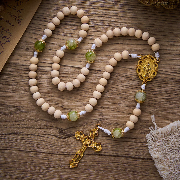 SolaceBeads Natural Wood &amp; Green Glass Miraculous Medal Wood Rosary: Serene Peace &amp; Faith - image 4