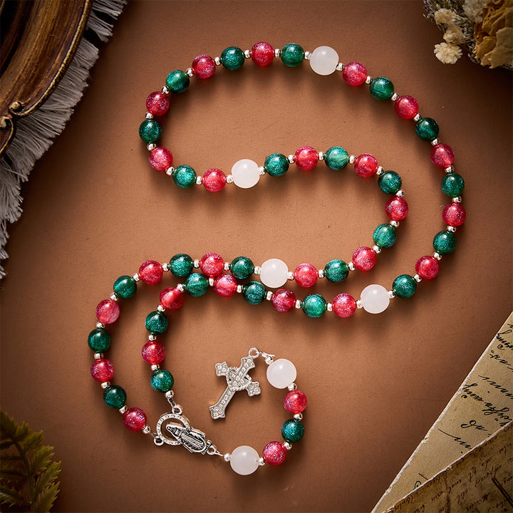 SolaceBeads Christmas Beads &amp; Glass Virgin Mary Artistic Rosary: Joyous Festive Blessings - Red &amp; Green - image 0