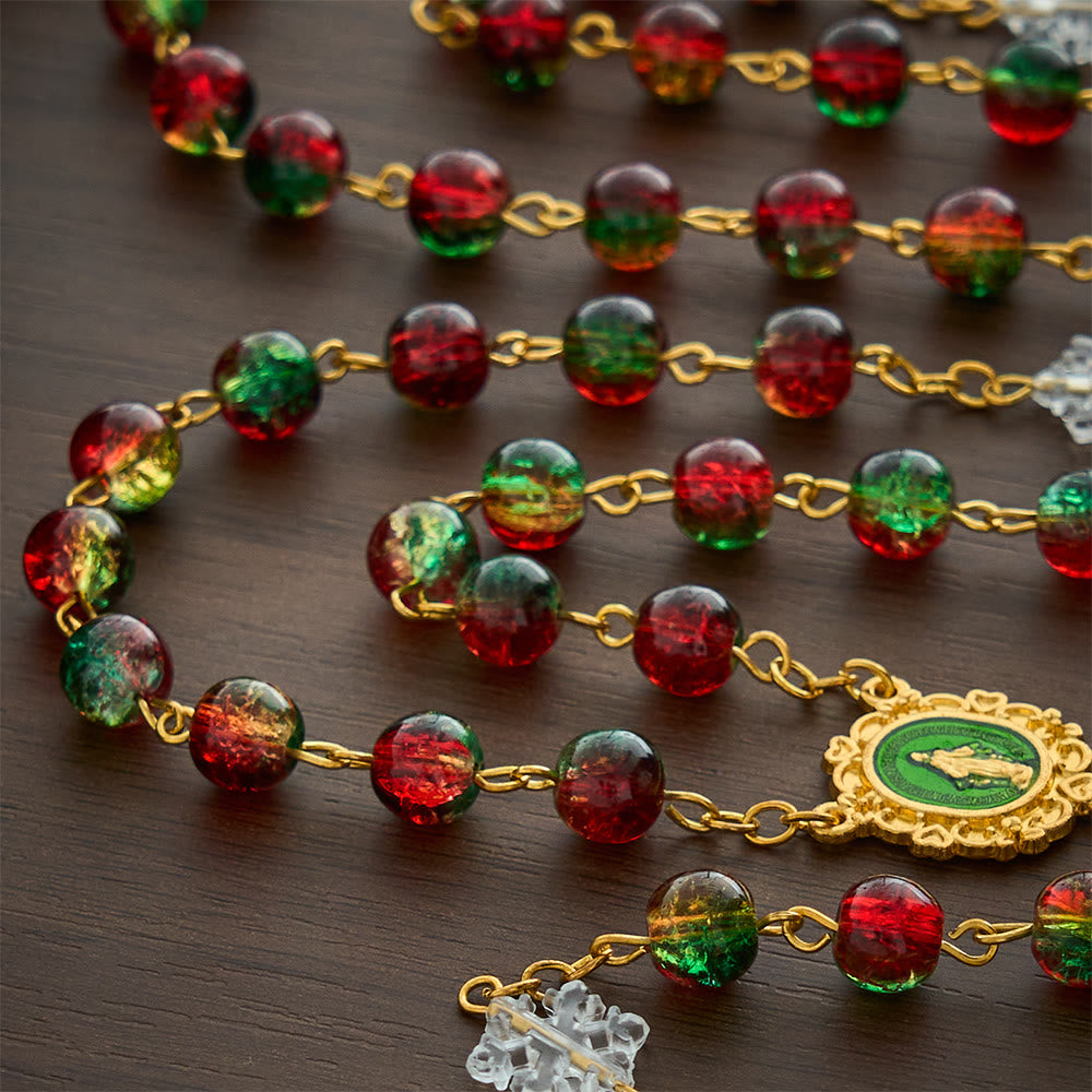 SolaceBeads Red &amp; Green Beads &amp; Snowflake Glass Rosary With Pardon Crucifix: Christmas Devotion - image 5
