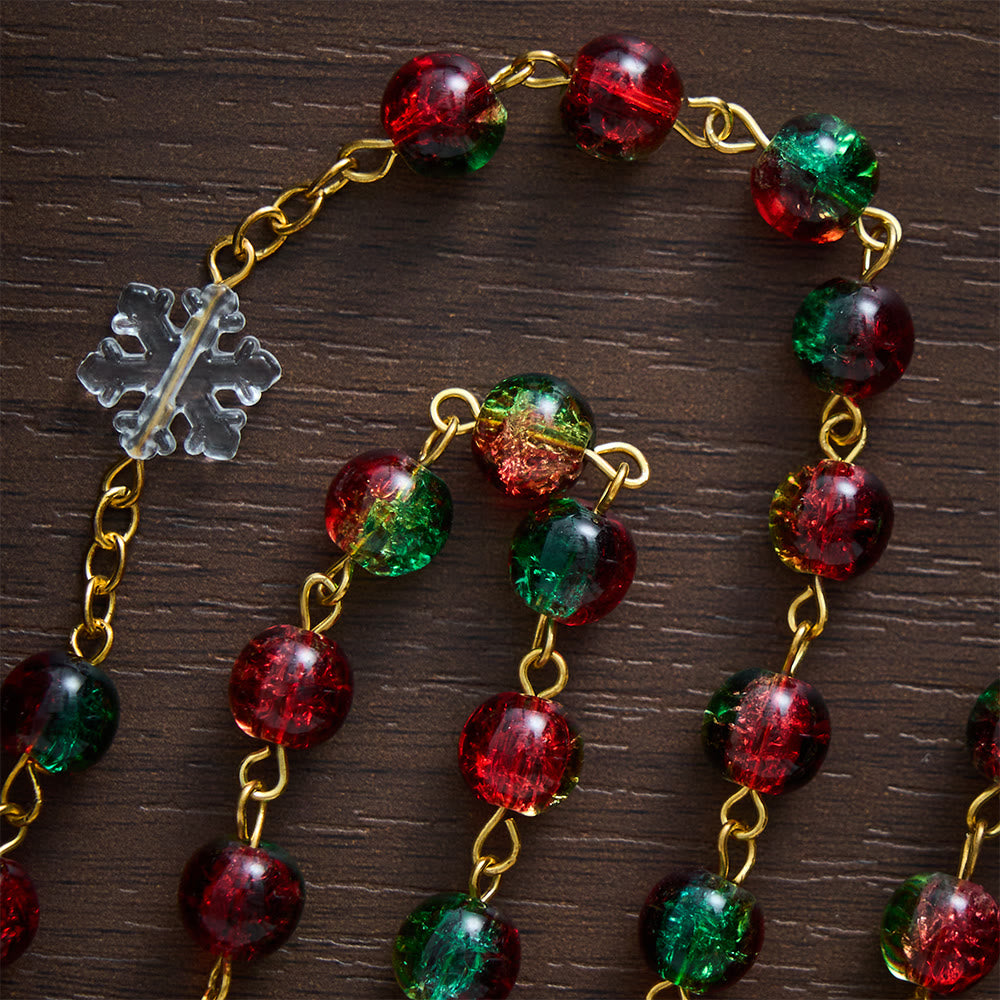 SolaceBeads Red &amp; Green Beads &amp; Snowflake Glass Rosary With Pardon Crucifix: Christmas Devotion - image 3