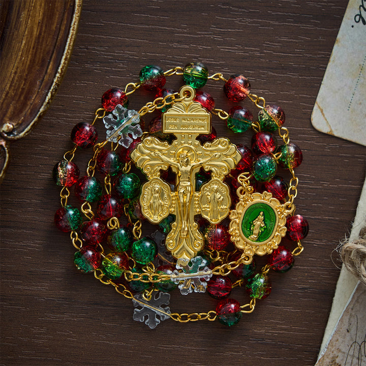 SolaceBeads Red &amp; Green Beads &amp; Snowflake Glass Rosary With Pardon Crucifix: Christmas Devotion - image 7