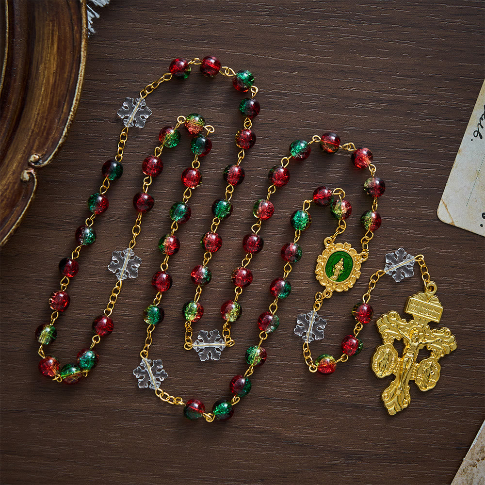 SolaceBeads Red &amp; Green Beads &amp; Snowflake Glass Rosary With Pardon Crucifix: Christmas Devotion - Red  &amp; Green - image 0