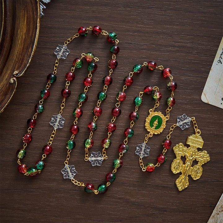 SolaceBeads Red &amp; Green Beads &amp; Snowflake Glass Rosary With Pardon Crucifix: Christmas Devotion - Red  &amp; Green - image 0