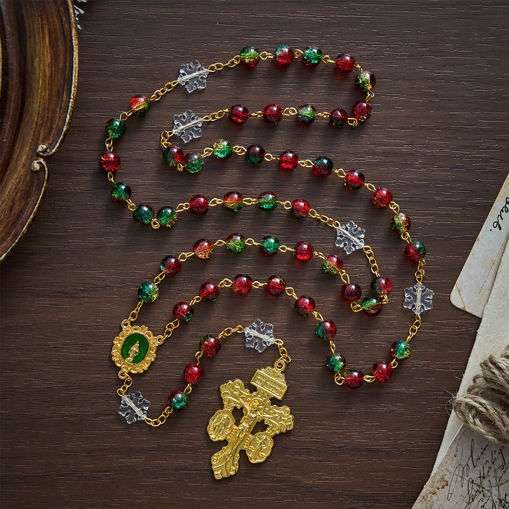 SolaceBeads Red &amp; Green Beads &amp; Snowflake Glass Rosary With Pardon Crucifix: Christmas Devotion - image 8