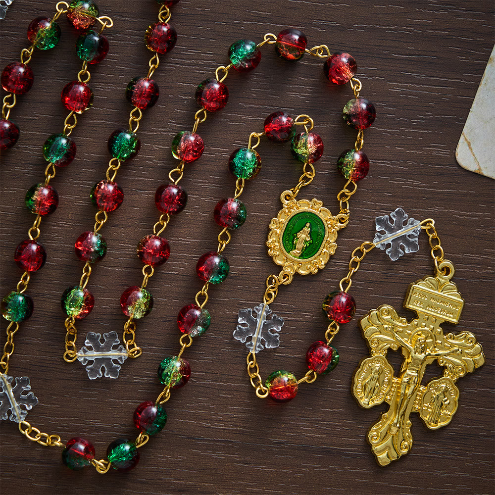 SolaceBeads Red &amp; Green Beads &amp; Snowflake Glass Rosary With Pardon Crucifix: Christmas Devotion - image 4