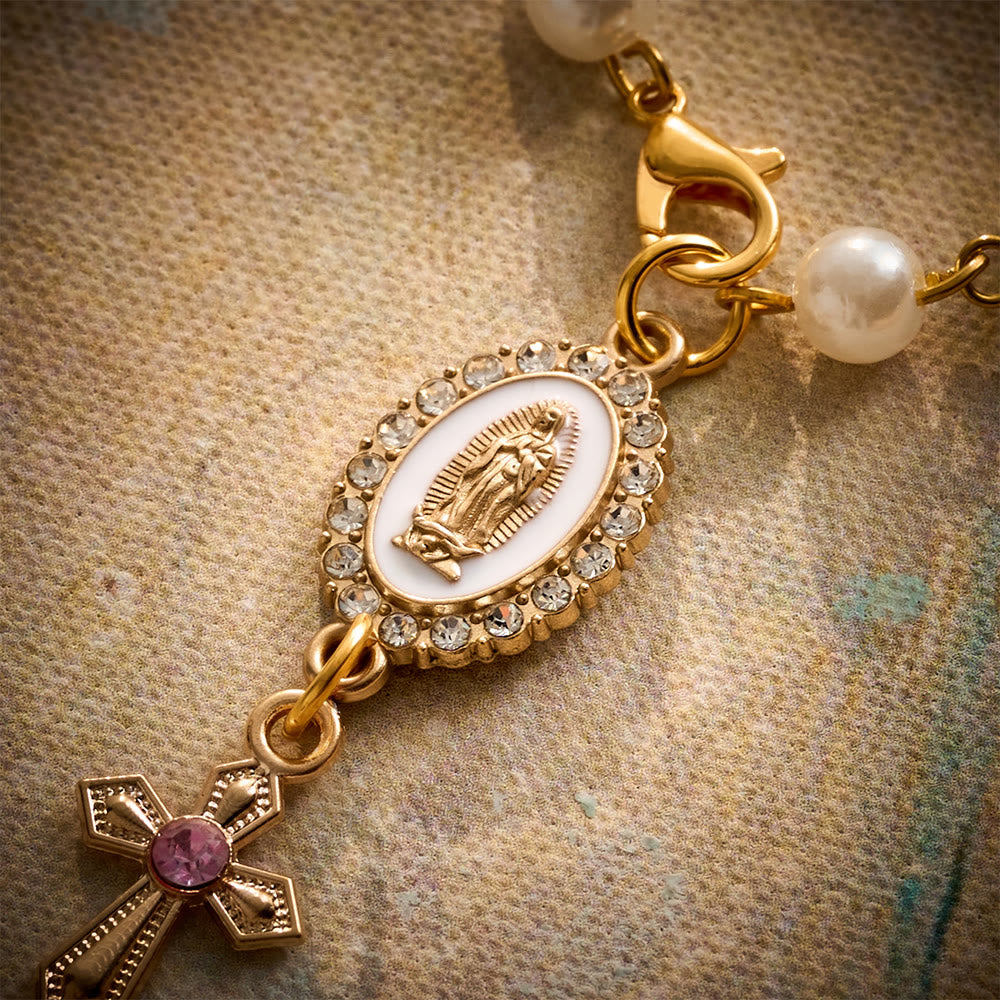 SolaceBeads Pearl &amp; Heart Car Rosary With Guadalupe Medal &amp; Crystal Cross: Faith for Your Vehicle - image 4