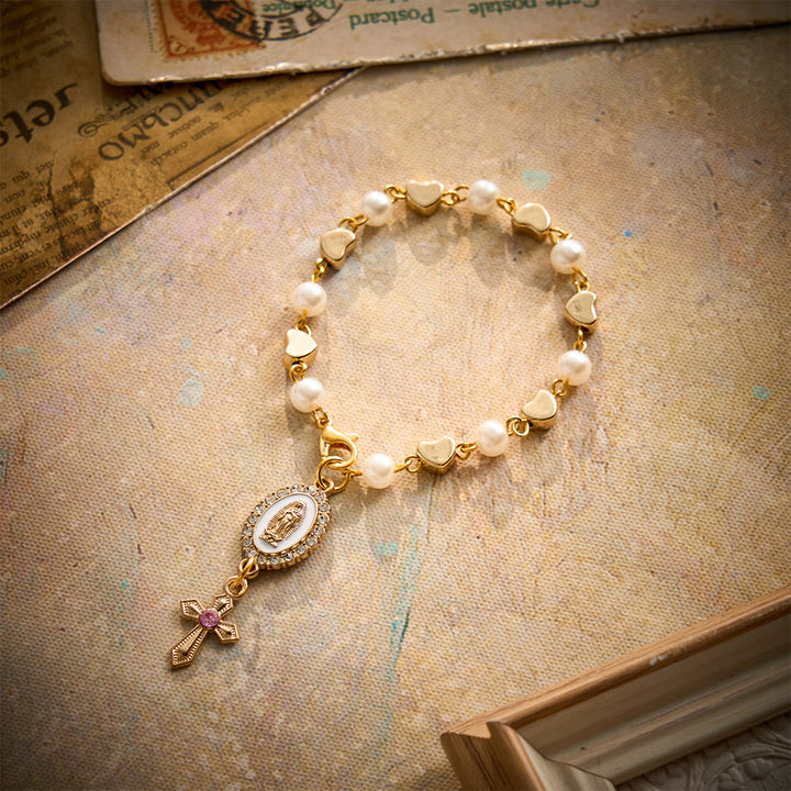 SolaceBeads Pearl &amp; Heart Car Rosary With Guadalupe Medal &amp; Crystal Cross: Faith for Your Vehicle - White - image 0
