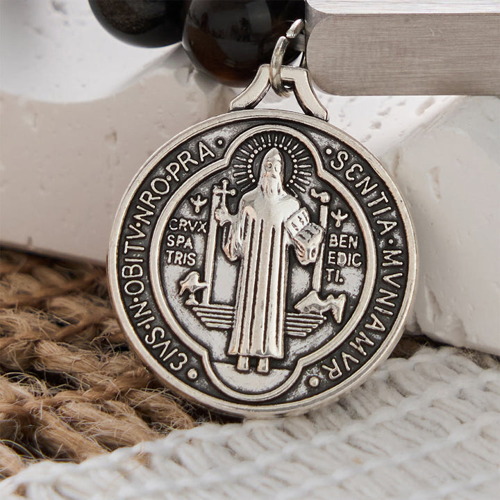 SolaceBeads Natural Silver Sheen Obsidian St. Benedict "SALVUS" Bracelet: Divine Protection, Sacred Peace - image 6