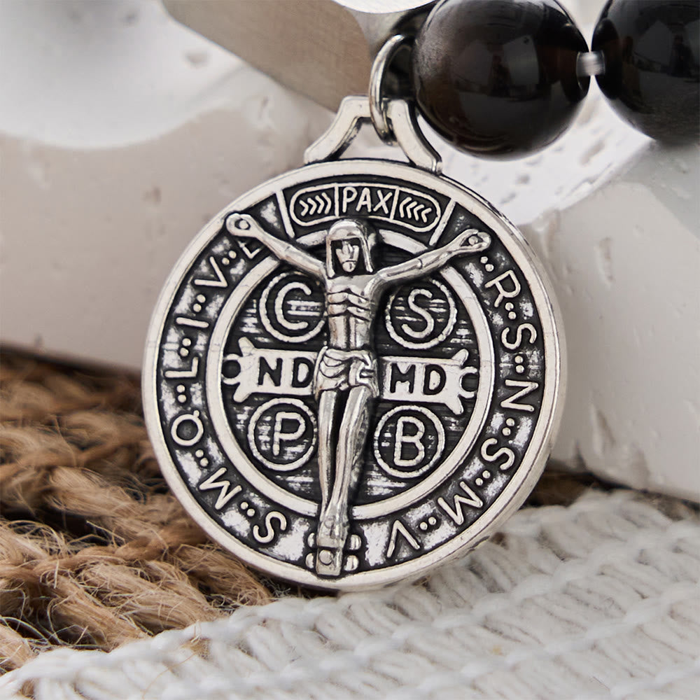 SolaceBeads Natural Silver Sheen Obsidian St. Benedict "SALVUS" Bracelet: Divine Protection, Sacred Peace - image 6
