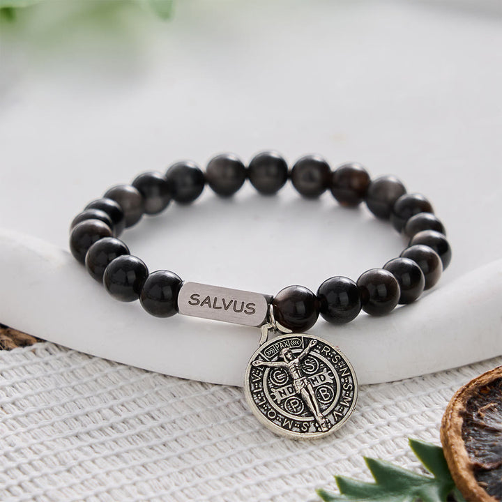 SolaceBeads Natural Silver Sheen Obsidian St. Benedict "SALVUS" Bracelet: Divine Protection, Sacred Peace - image 2
