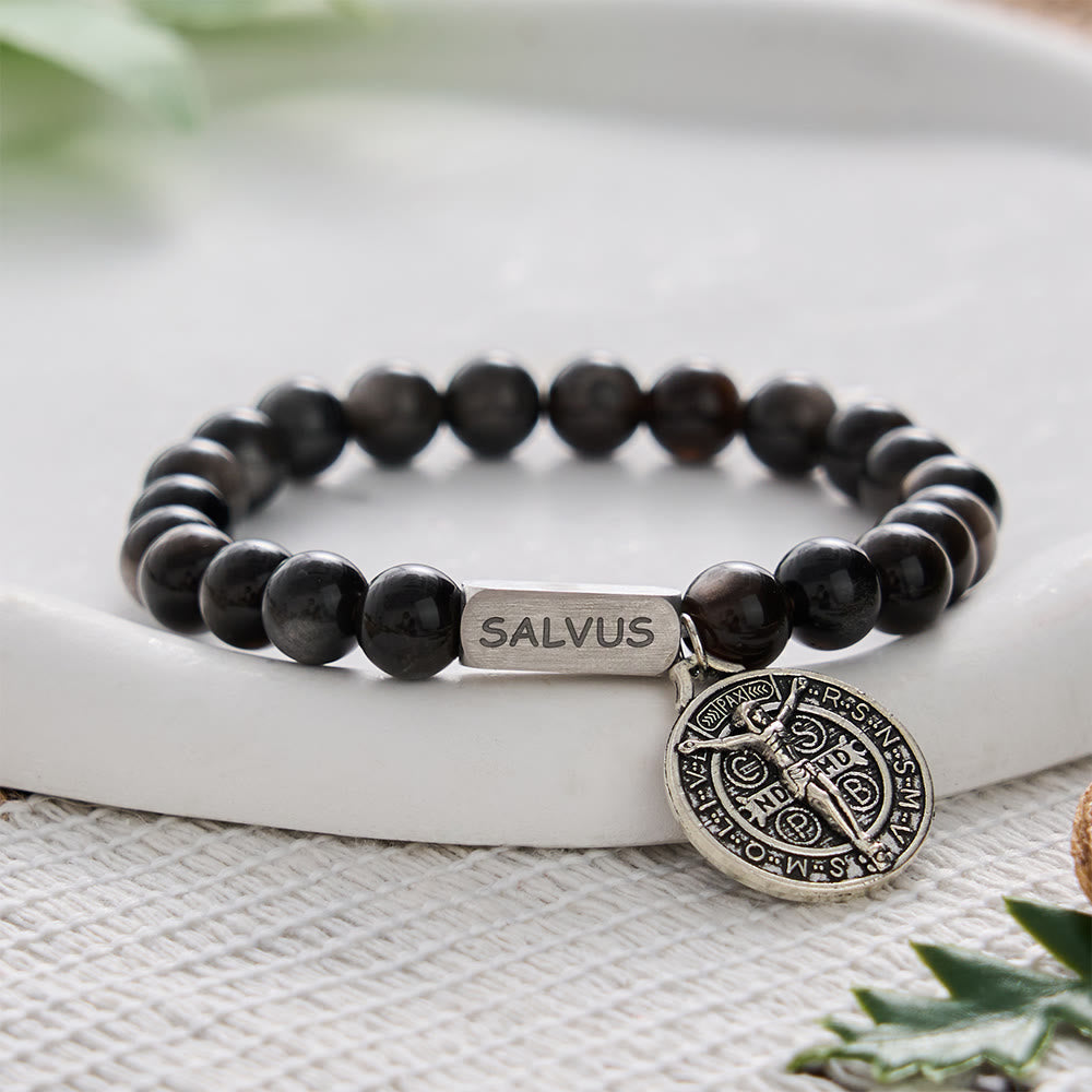 SolaceBeads Natural Silver Sheen Obsidian St. Benedict "SALVUS" Bracelet: Divine Protection, Sacred Peace - Silver Sheen Obsidian - image 0