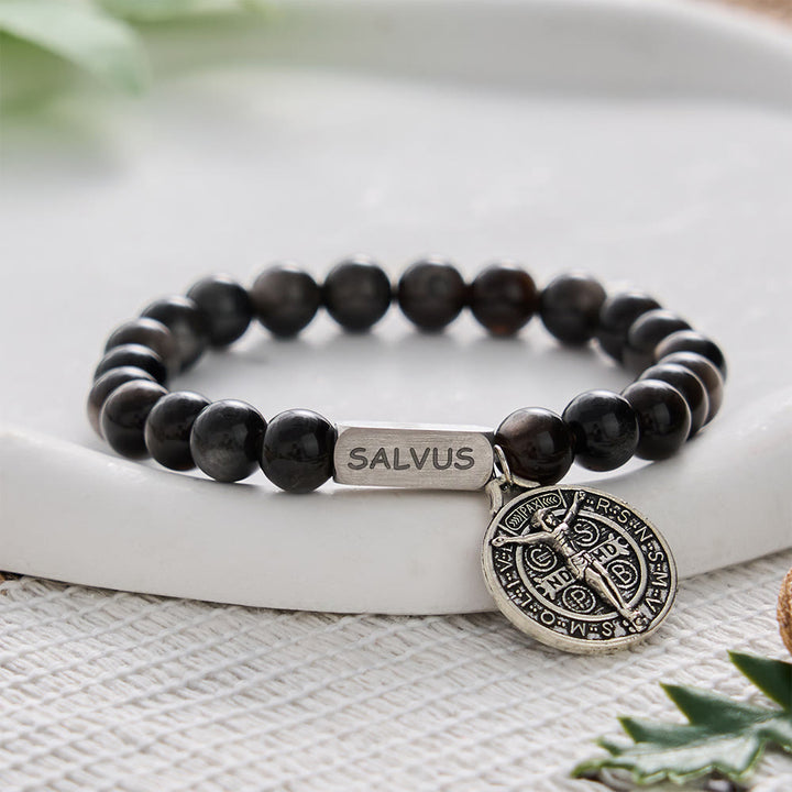 SolaceBeads Natural Silver Sheen Obsidian St. Benedict "SALVUS" Bracelet: Divine Protection, Sacred Peace - Silver Sheen Obsidian - image 0