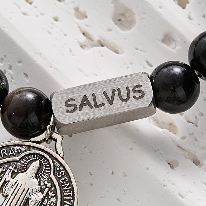 SolaceBeads Natural Silver Sheen Obsidian St. Benedict "SALVUS" Bracelet: Divine Protection, Sacred Peace - image 5
