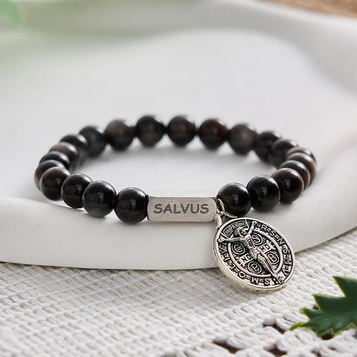 SolaceBeads Natural Silver Sheen Obsidian St. Benedict "SALVUS" Bracelet: Divine Protection, Sacred Peace - image 1