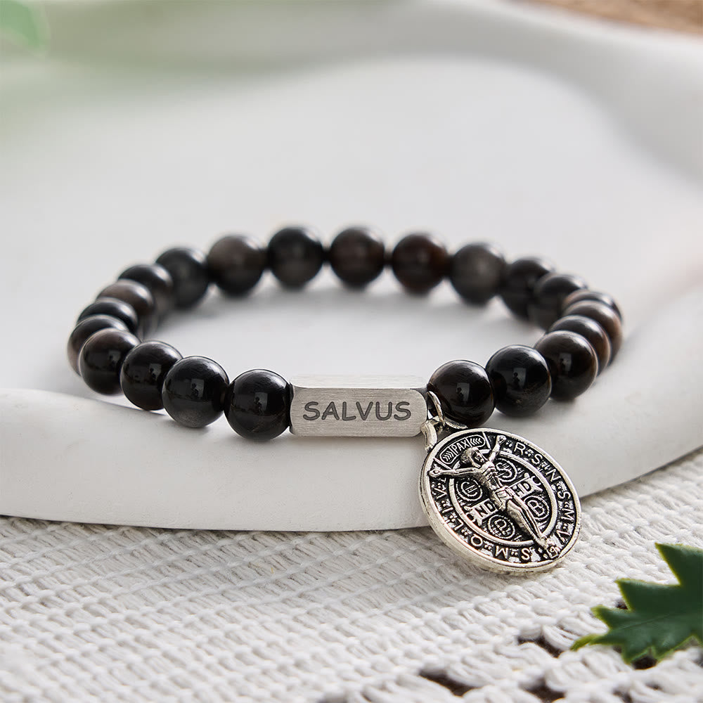 SolaceBeads Natural Silver Sheen Obsidian St. Benedict "SALVUS" Bracelet: Divine Protection, Sacred Peace - image 2