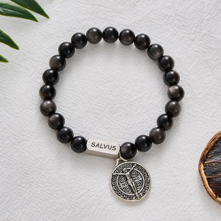 SolaceBeads Natural Silver Sheen Obsidian St. Benedict "SALVUS" Bracelet: Divine Protection, Sacred Peace - image 7