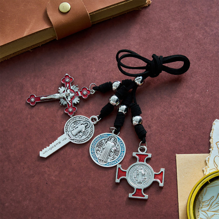 SolaceBeads Suede Cord St. Benedict Key &amp; Cross Car Pendant: Divine Shield, Safe Travels - Benedict - image 0