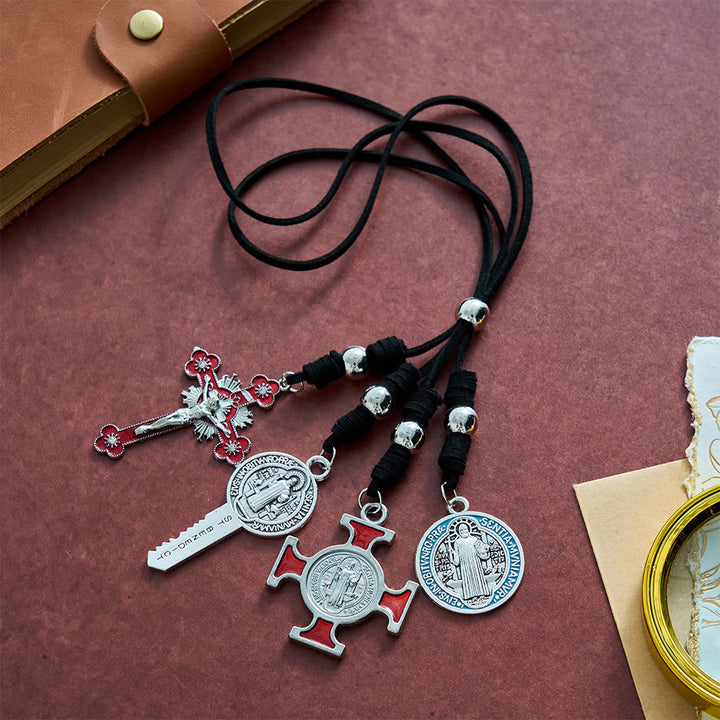 SolaceBeads Suede Cord St. Benedict Key &amp; Cross Car Pendant: Divine Shield, Safe Travels - image 1