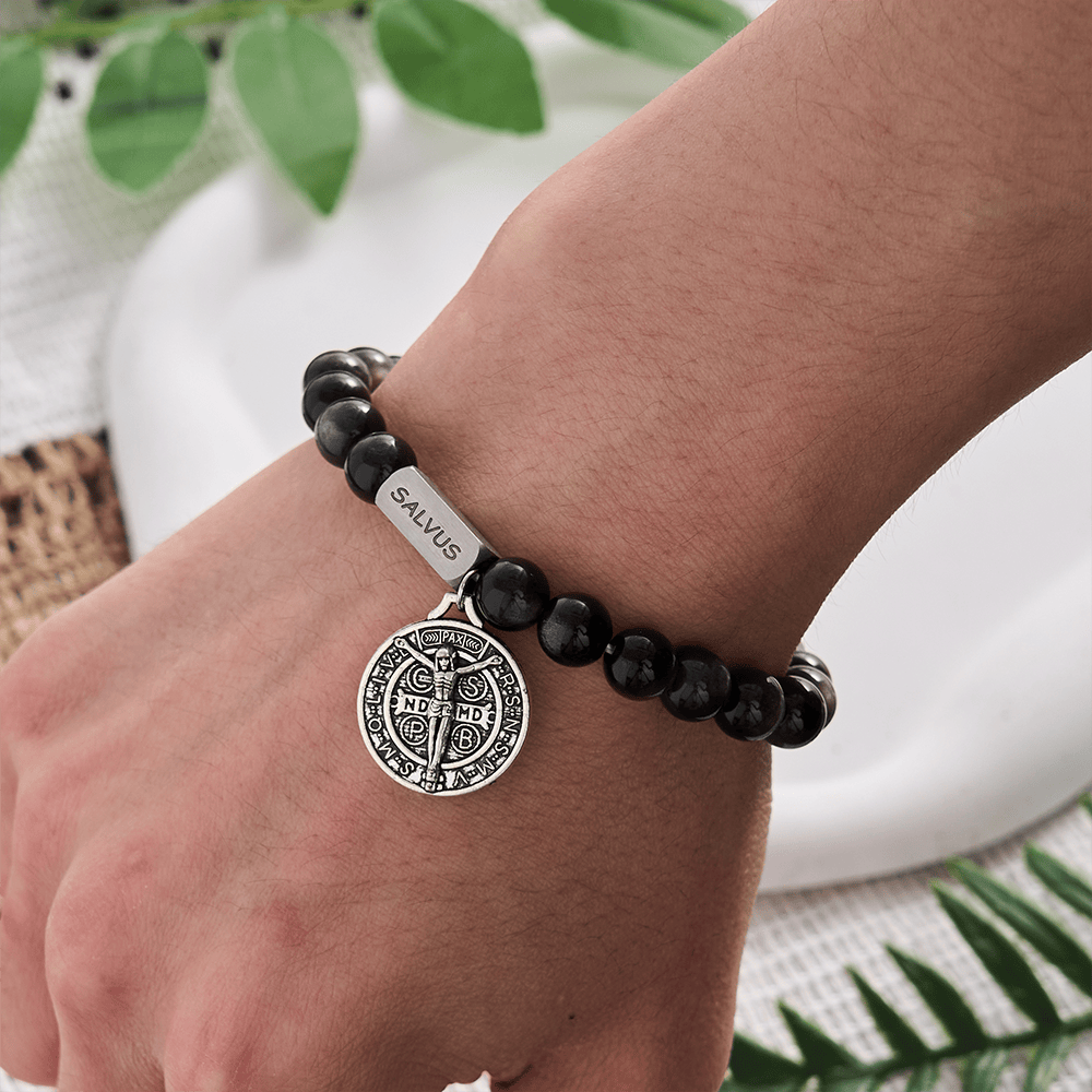 SolaceBeads Natural Silver Sheen Obsidian St. Benedict "SALVUS" Bracelet: Divine Protection, Sacred Peace - image 1