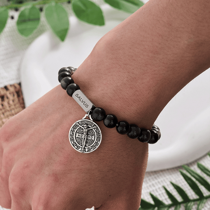 SolaceBeads Natural Silver Sheen Obsidian St. Benedict "SALVUS" Bracelet: Divine Protection, Sacred Peace - image 1