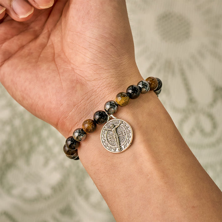 SolaceBeads Tiger Eye &amp; Tourmaline St. Benedict Bracelet: Divine Protection, Courage - image 1