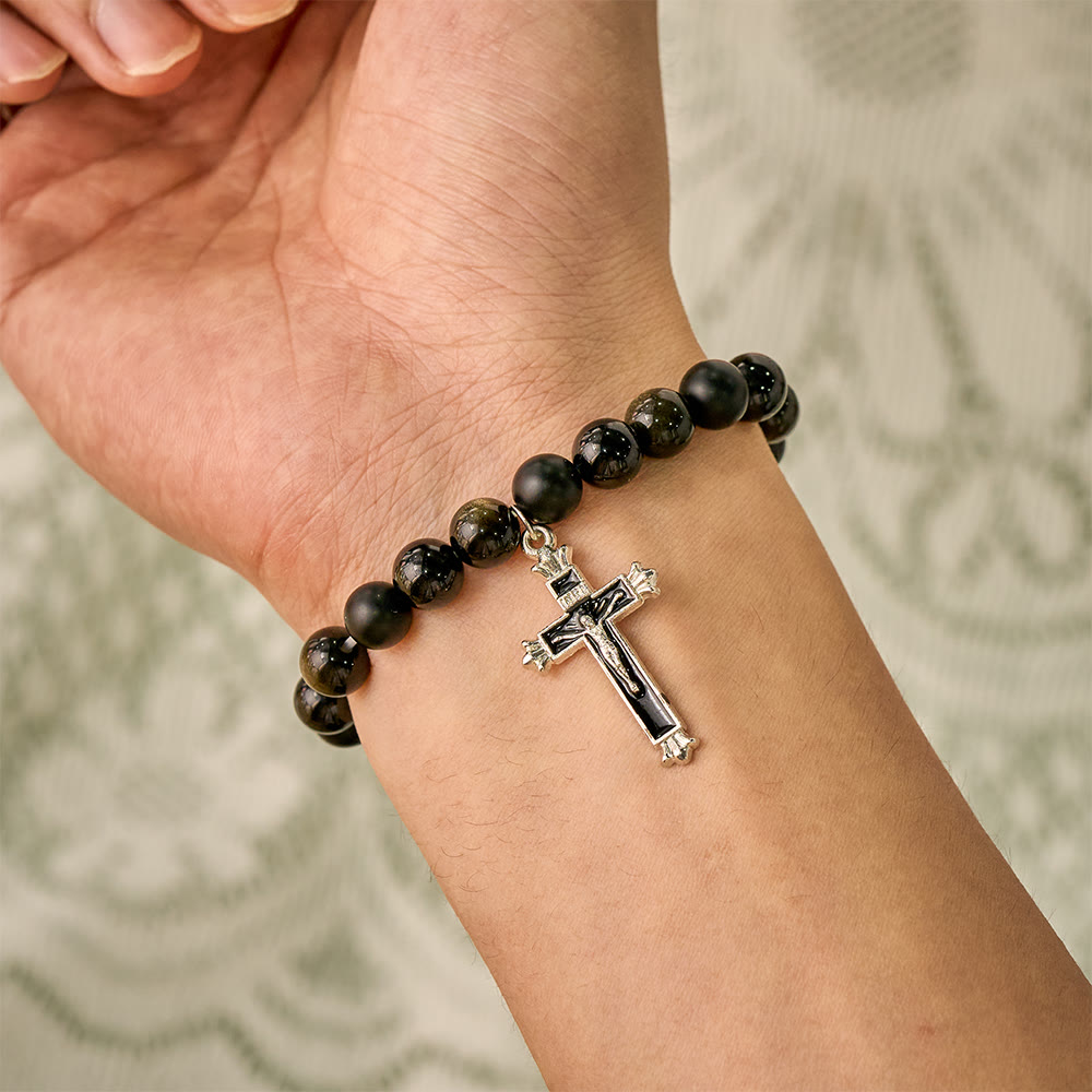 SolaceBeads Matte Onyx &amp; Gold Sheen Obsidian Crucifix Bracelet: Steadfast Faith, Divine Light - image 1