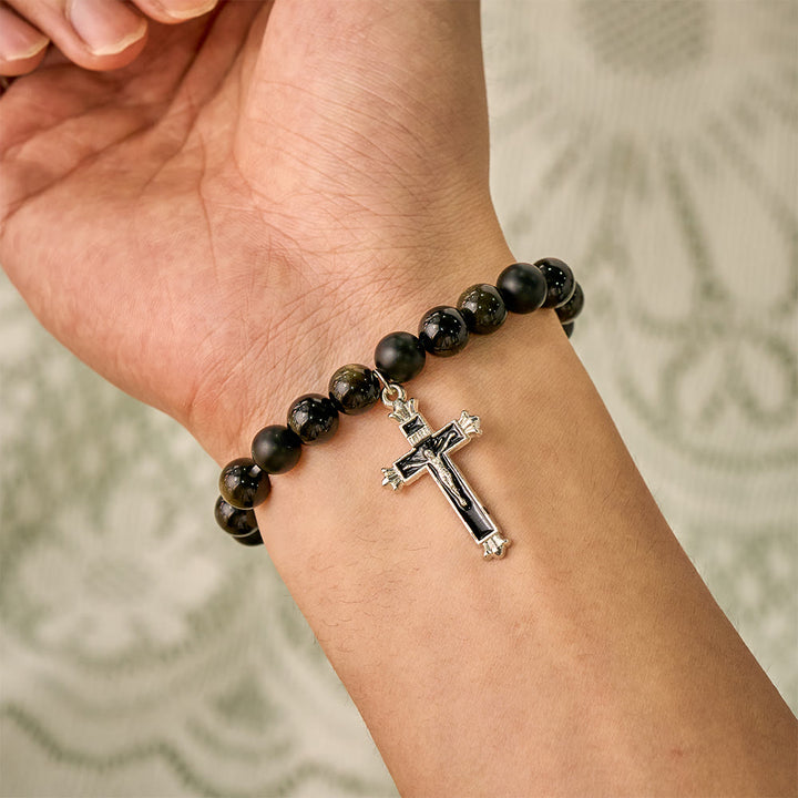 SolaceBeads Matte Onyx &amp; Gold Sheen Obsidian Crucifix Bracelet: Steadfast Faith, Divine Light - image 1