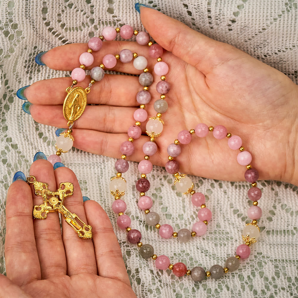 SolaceBeads Colorful Jade &amp; White Glass Miraculous Medal Rosary: Serene Grace, Gentle Comfort - image 1