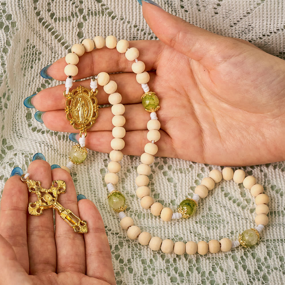 SolaceBeads Natural Wood &amp; Green Glass Miraculous Medal Wood Rosary: Serene Peace &amp; Faith - image 1