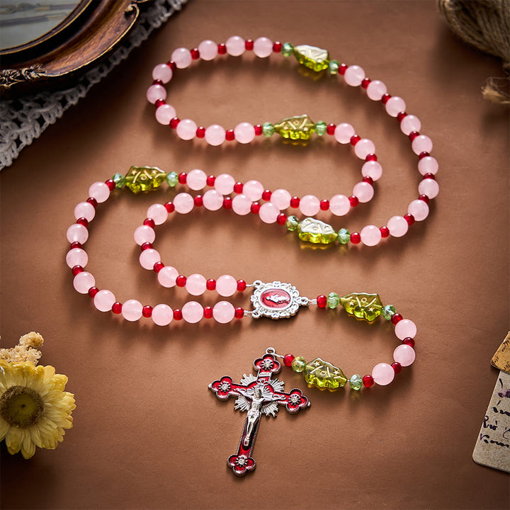SolaceBeads Pink Quartz Stone Rosary With Christmas Tree Beads: Warm Faith for Christmas - image 8
