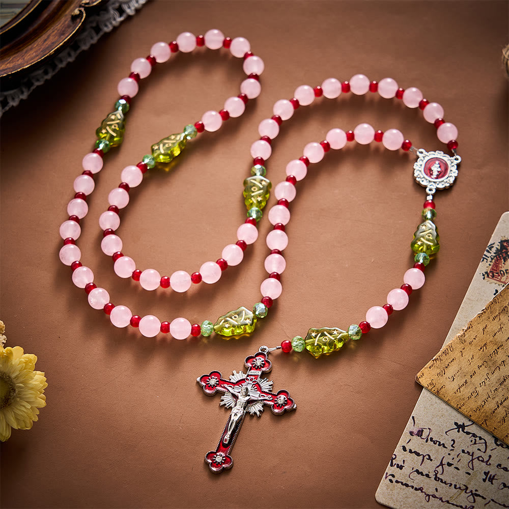 SolaceBeads Pink Quartz Stone Rosary With Christmas Tree Beads: Warm Faith for Christmas - image 7