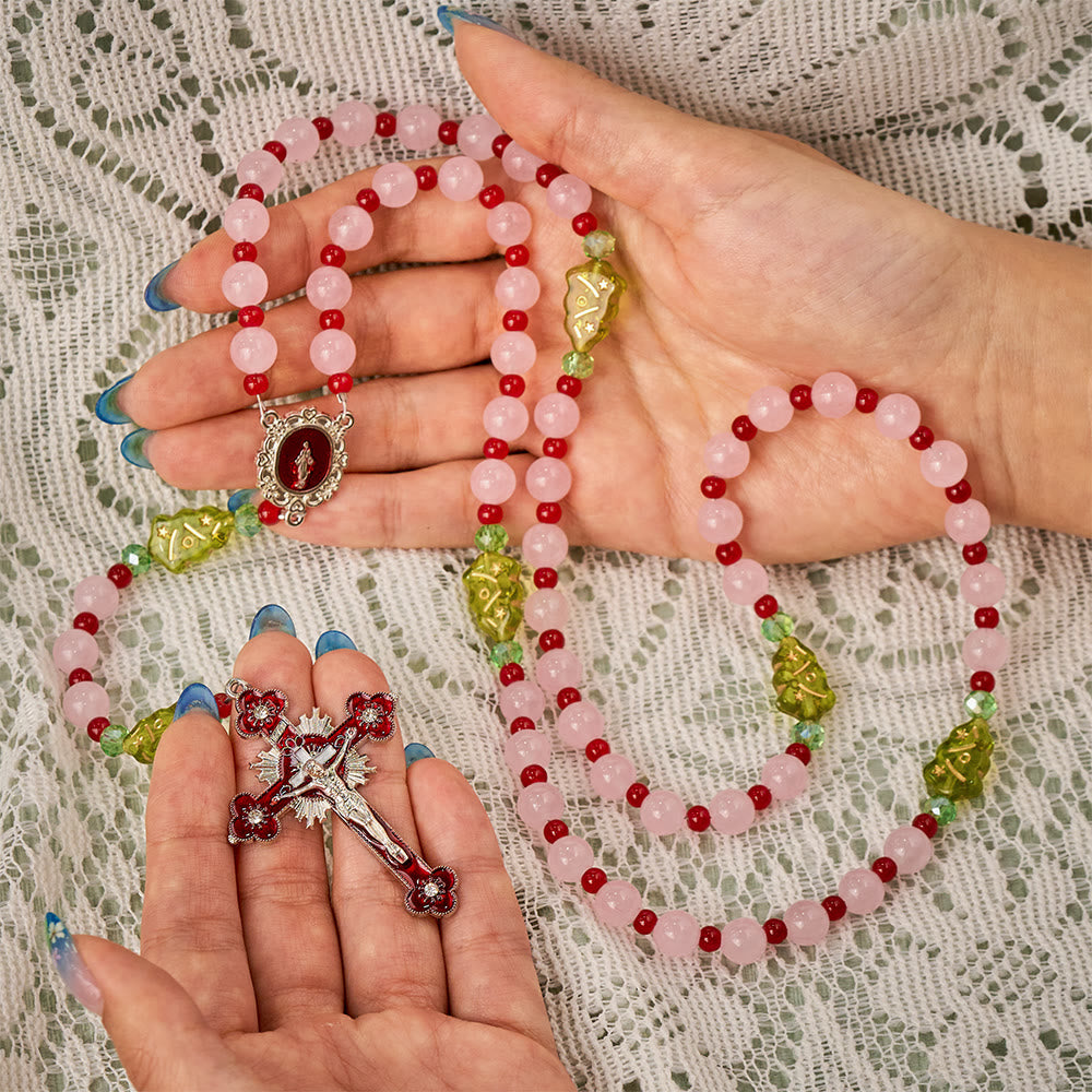SolaceBeads Pink Quartz Stone Rosary With Christmas Tree Beads: Warm Faith for Christmas - image 1