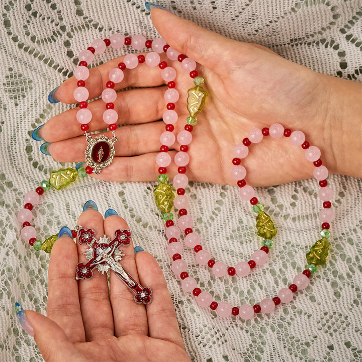 SolaceBeads Pink Quartz Stone Rosary With Christmas Tree Beads: Warm Faith for Christmas - image 1