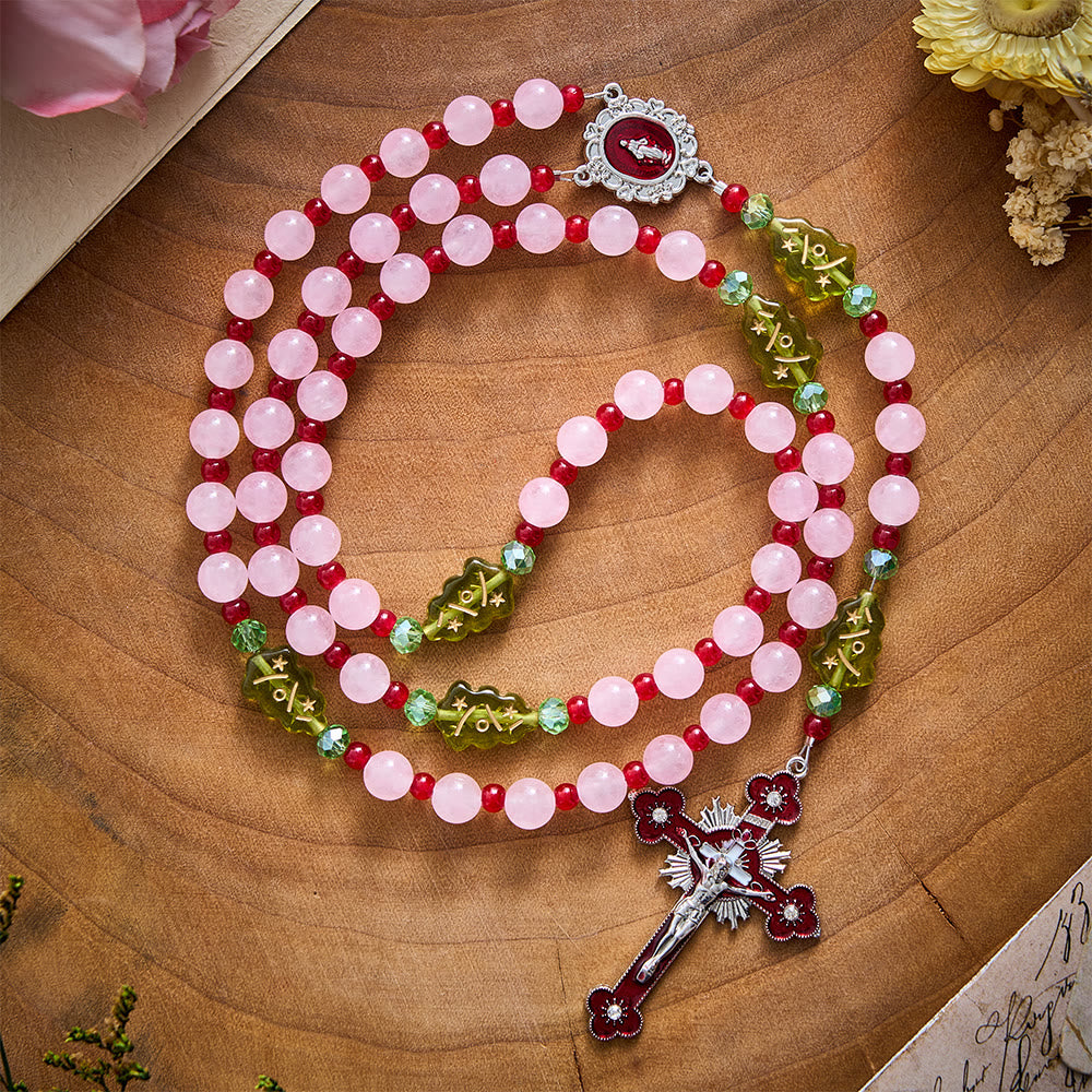 SolaceBeads Pink Quartz Stone Rosary With Christmas Tree Beads: Warm Faith for Christmas - Rose Quartz - image 0
