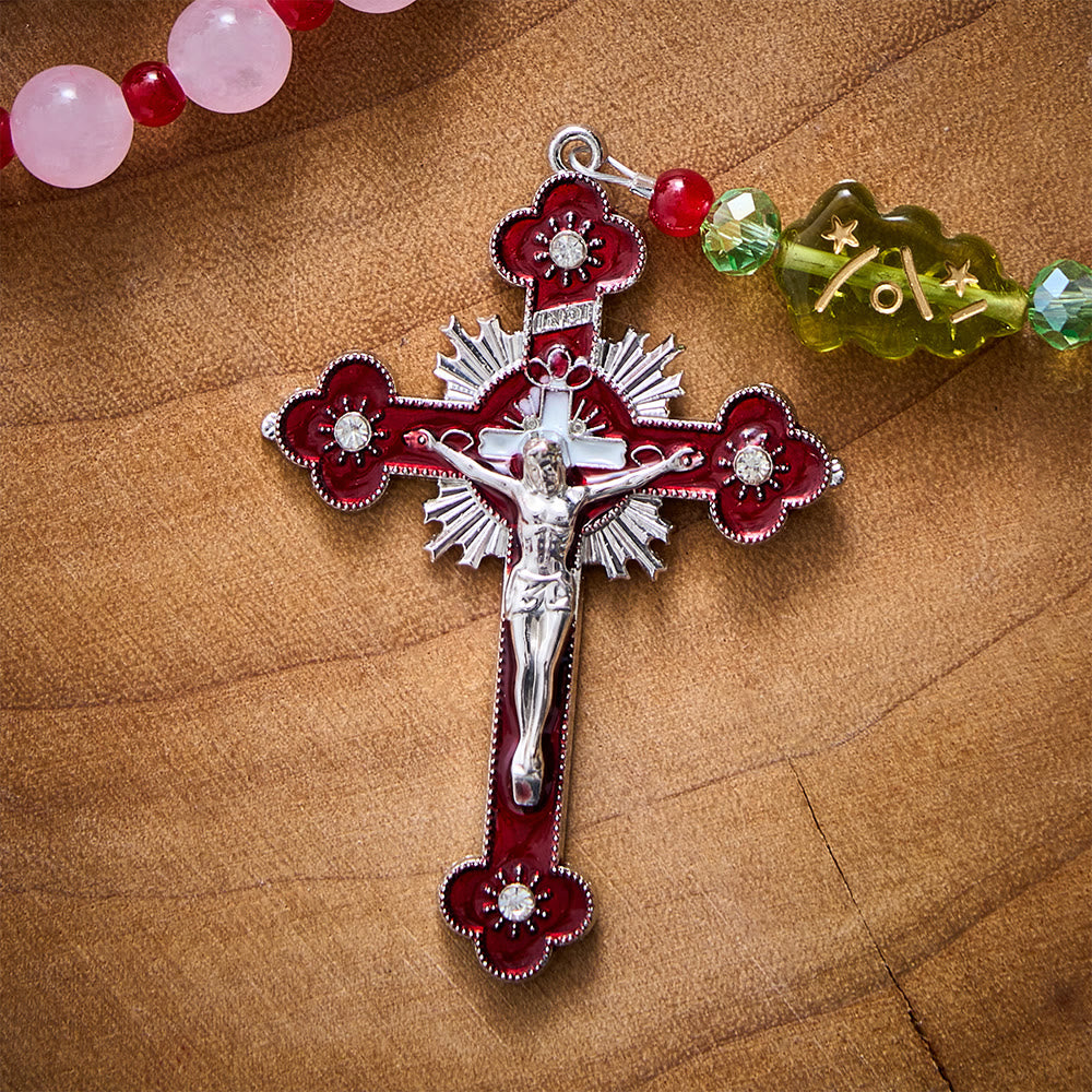 SolaceBeads Pink Quartz Stone Rosary With Christmas Tree Beads: Warm Faith for Christmas - image 4