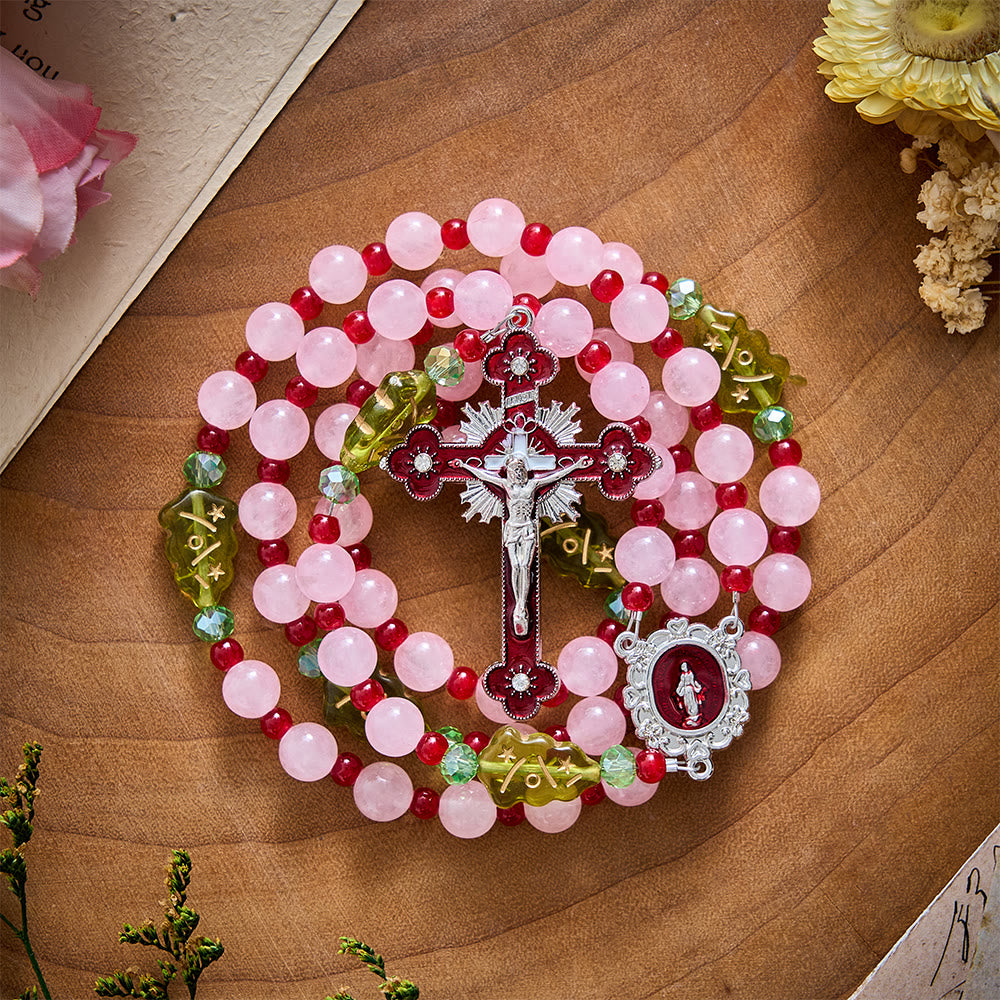 SolaceBeads Pink Quartz Stone Rosary With Christmas Tree Beads: Warm Faith for Christmas - image 7