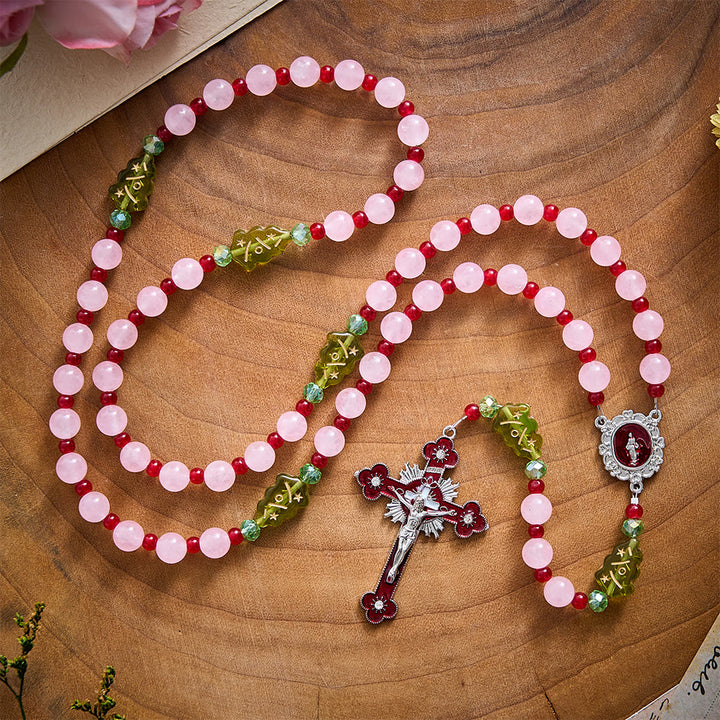 SolaceBeads Pink Quartz Stone Rosary With Christmas Tree Beads: Warm Faith for Christmas - image 9