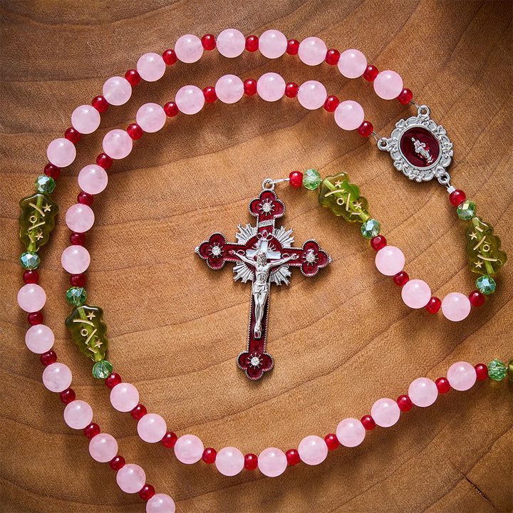 SolaceBeads Pink Quartz Stone Rosary With Christmas Tree Beads: Warm Faith for Christmas - image 5