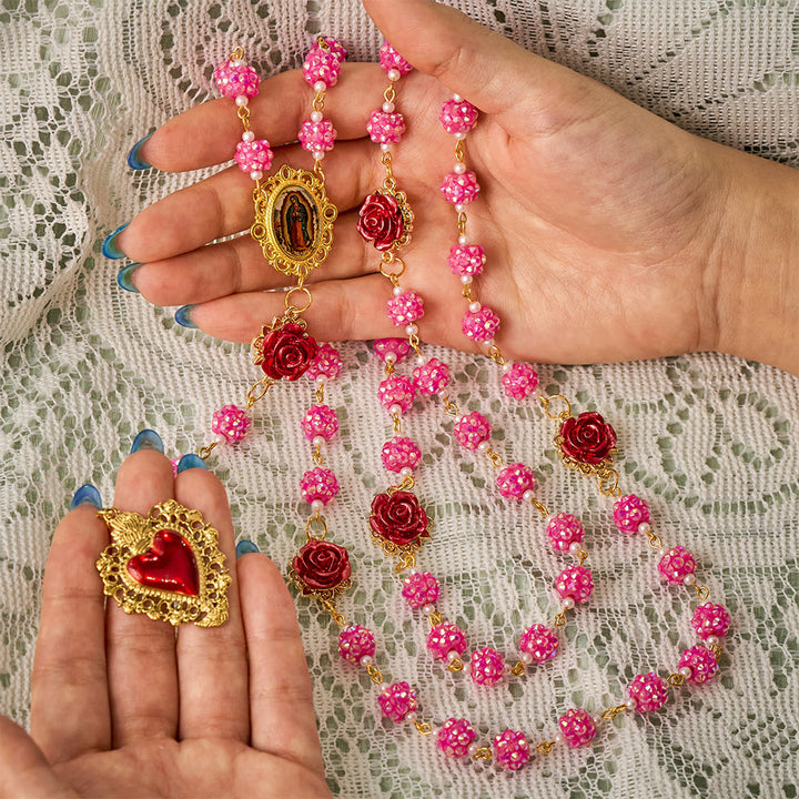 SolaceBeads Sparkling Rose Pink Rhinestone Rosary with Sacred Heart Pendant: Radiant Grace for Your Daily - image 1