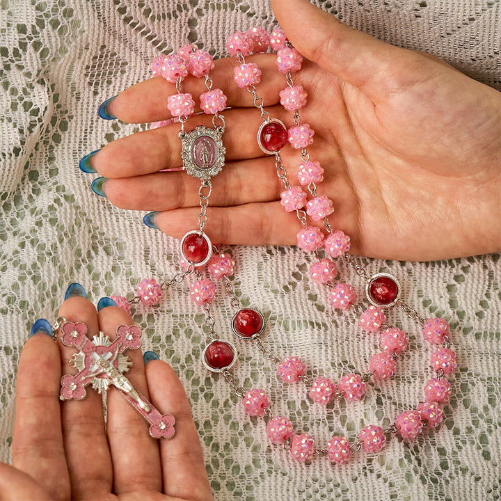 SolaceBeads Pink Rhinestone with Cat Eye Beads Miraculous Rosary: Soft Light, Faith renewed - image 1