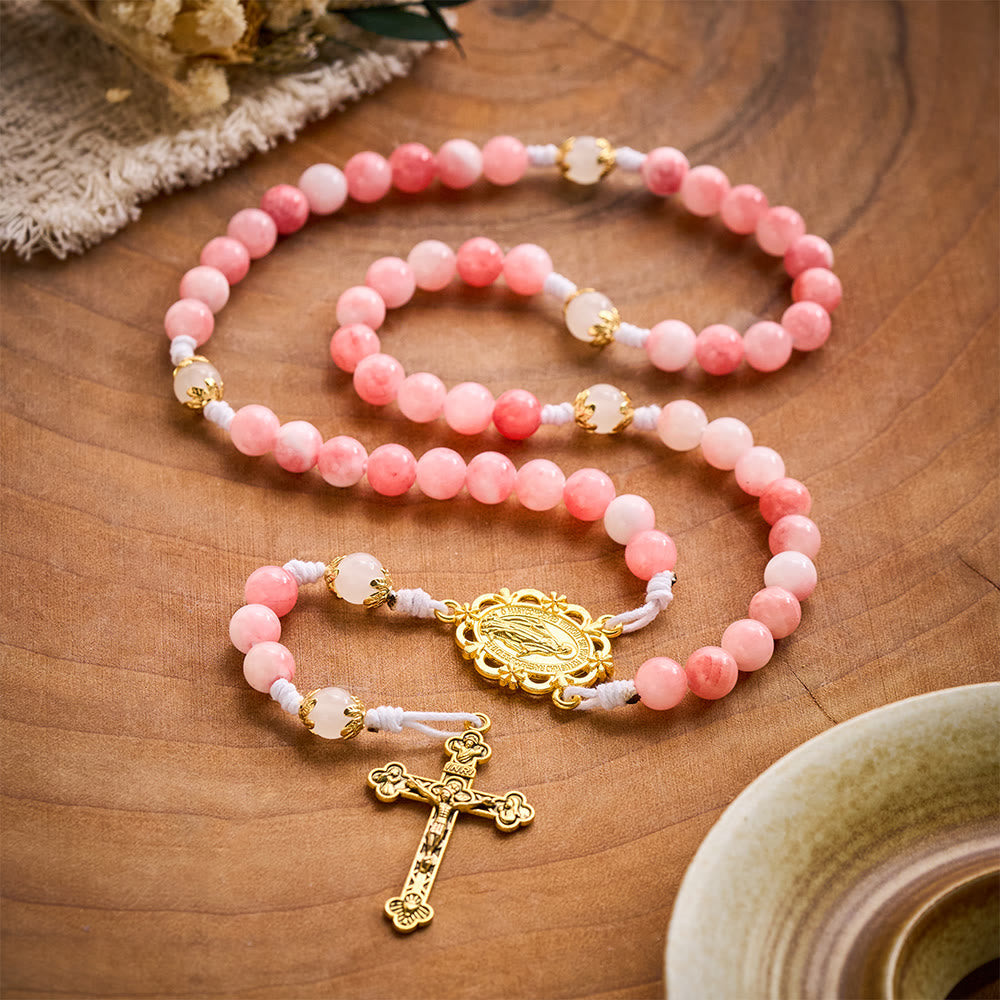 SolaceBeads Persian Jade Stone Rosary With Miraculous Medal &amp; Crucifix: Peace in Soft Pink Hues - image 9