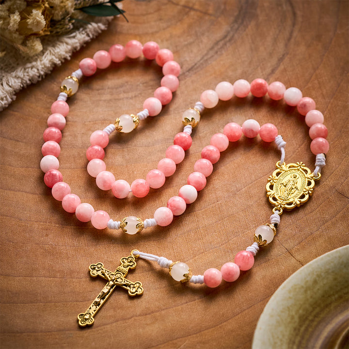 SolaceBeads Persian Jade Stone Rosary With Miraculous Medal &amp; Crucifix: Peace in Soft Pink Hues - image 11