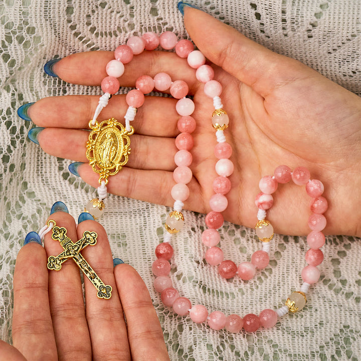 SolaceBeads Persian Jade Stone Rosary With Miraculous Medal &amp; Crucifix: Peace in Soft Pink Hues - image 1
