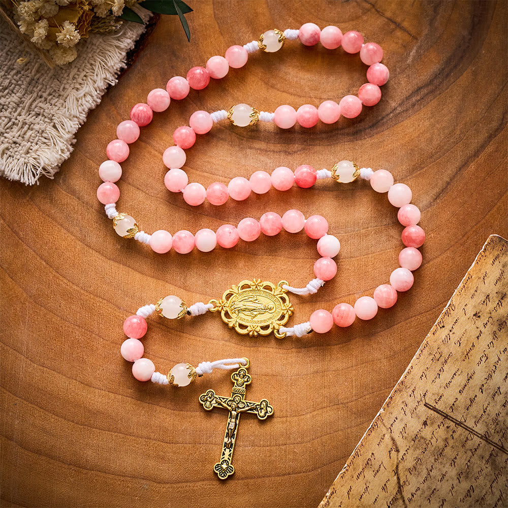 SolaceBeads Persian Jade Stone Rosary With Miraculous Medal &amp; Crucifix: Peace in Soft Pink Hues - image 12
