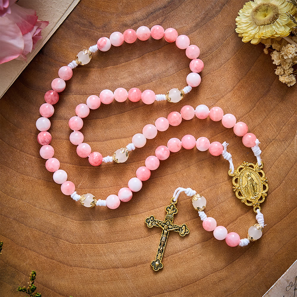 SolaceBeads Persian Jade Stone Rosary With Miraculous Medal &amp; Crucifix: Peace in Soft Pink Hues - image 13