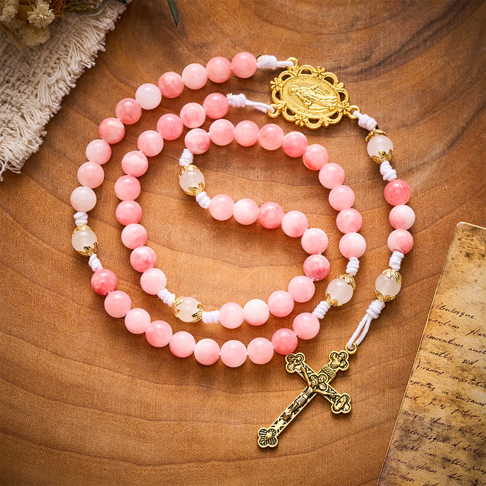 SolaceBeads Persian Jade Stone Rosary With Miraculous Medal & Crucifix: Peace in Soft Pink Hues - Pink Persian Jade - image 0